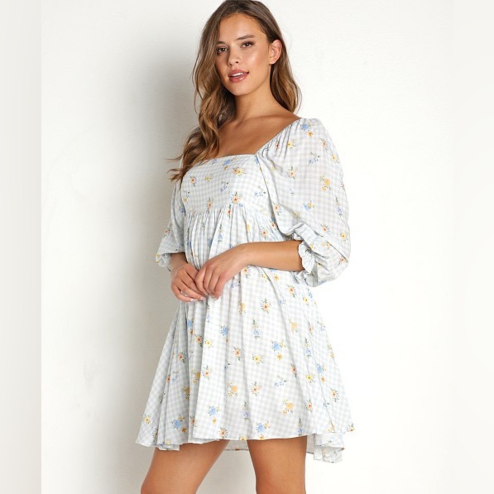 Sweet En Forme Multi Color Flowers Blue Gingham Babydoll Mini Dress Size medium